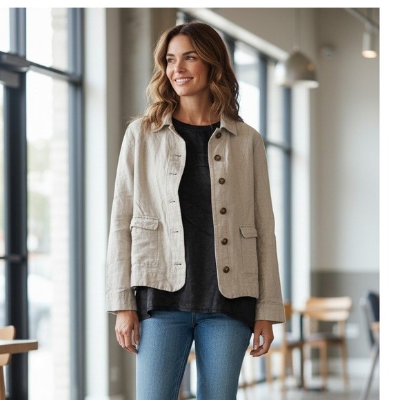 J. Jill Jackets & Blazers - J. Jill Womens Linen Blend Button Front Chore Jacket Oatmeal Beige Small